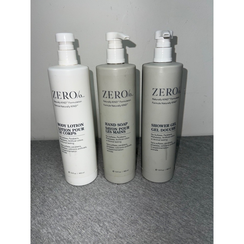 Zero% Set Of Body Lotion Hand Soap & Shower Gel 15 Fl Oz Each Naturally‎ Kind